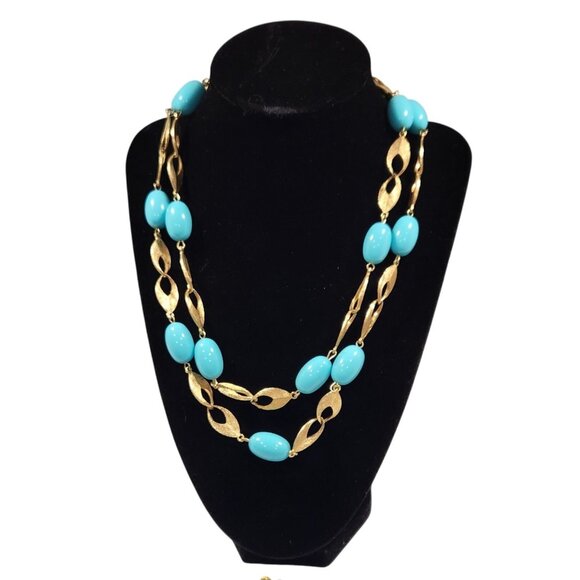Vintage Gold-Tone & Turquoise Beaded Necklace With Matching Clip-On Earrings Set - Picture 1 of 16